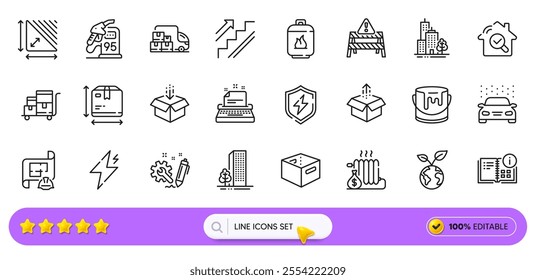 Engineering plan, Skyscraper buildings and Triangle area line icons for web app. Pack of Save planet, Power safety, Gas cylinder pictogram icons. Petrol station, Engineering. Search bar. Vector