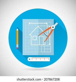 Engineering Planning Symbol Blueprint And Compass Divider Icon On Stylish Background Modern Flat Design Vector Illustration