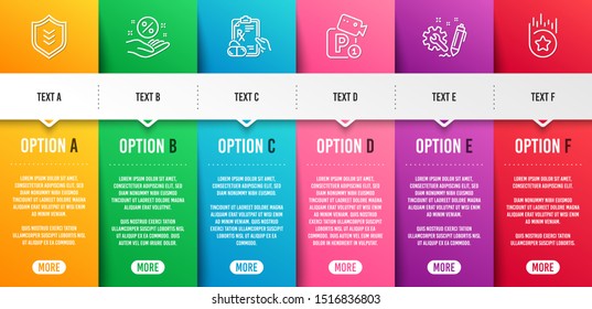Engineering, Prescription drugs and Loan percent line icons set. Infographic timeline. Parking security, Shield and Loyalty star signs. Construction, Pills, Discount hand. Video camera. Vector