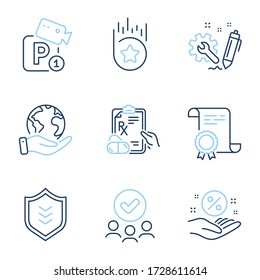 Engineering, Prescription drugs and Loan percent line icons set. Diploma certificate, save planet, group of people. Parking security, Shield and Loyalty star signs. Vector