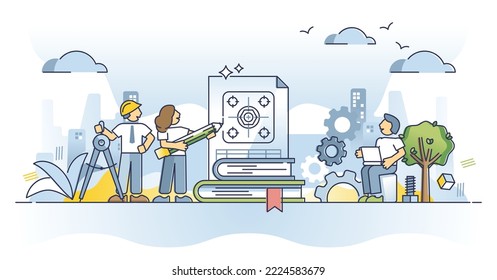 Ingenieurberuf und Arbeit mit Baustoffen Rahmenkonzept. Ausbildung der mechanischen, zivilen oder technischen Ingenieurberufe Vektorgrafik. Projekt mit Wissen über die Messung von Bauplänen.