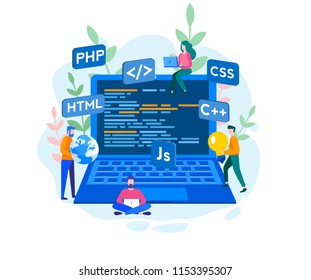 Engineering, Programmer Development, Software Programming Concept For Web Page, Banner, Presentation, Social Media. Vector Illustration Project Team Of Engineers For Website, PHP, HTML, C++, CSS, Js.