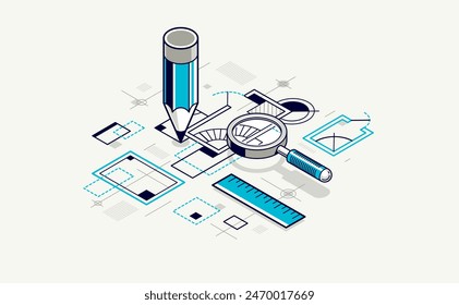 Engineering project concept, blueprint engineer work vector 3D isometric illustration, abstract draft drawing, cad technical plan.