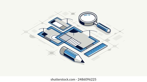 Engineering project concept, blueprint engineer work vector 3D isometric illustration, abstract draft drawing, cad technical plan.