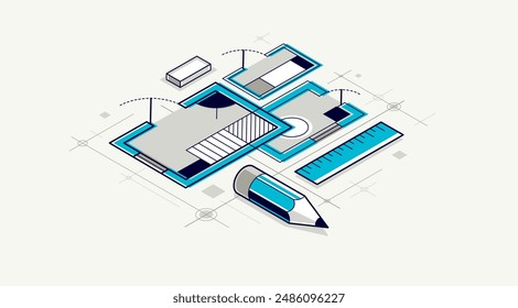 Engineering project concept, blueprint engineer work vector 3D isometric illustration, abstract draft drawing, cad technical plan.