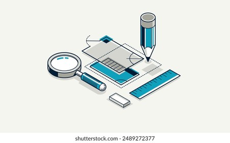 Engineering project concept, blueprint engineer work vector 3D isometric illustration, abstract draft drawing, cad technical plan.