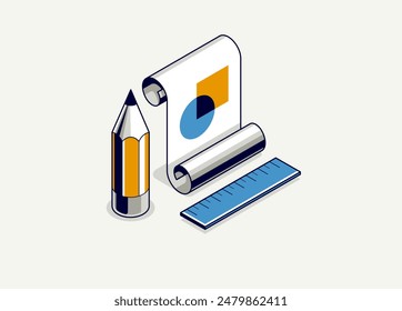 Engineering project concept, paper document blueprint with pencil engineer work job vector 3D isometric illustration, abstract plan drawing, cad scheme icon.