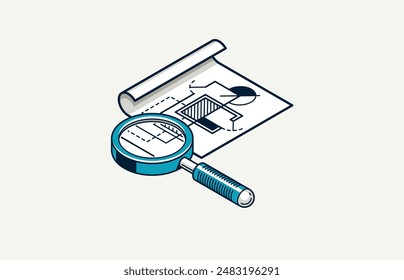 Engineering project concept, paper document blueprint engineer work vector 3D isometric illustration, abstract draft drawing, cad technical plan.