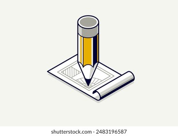 Engineering project concept, paper document blueprint engineer work vector 3D isometric illustration, abstract draft drawing, cad technical plan.