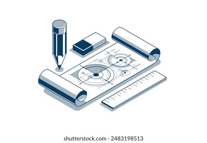 Concepto de proyecto de ingeniería, Vector de trabajo de ingeniería de planos de documentos en papel, ilustración isométrica 3D, dibujo abstracto, Plan técnico cad.