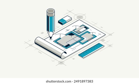 Engineering project concept, paper document blueprint engineer work vector 3D isometric illustration, abstract draft drawing, cad technical plan.