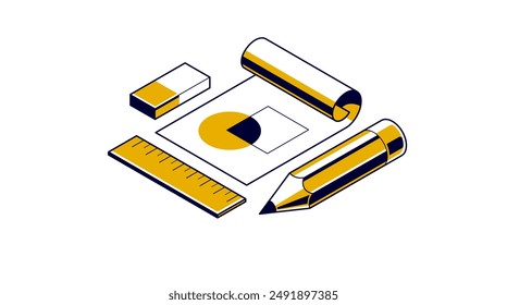 Engineering project concept, paper document blueprint with pencil engineer work job vector 3D isometric illustration, abstract plan drawing, cad scheme icon.