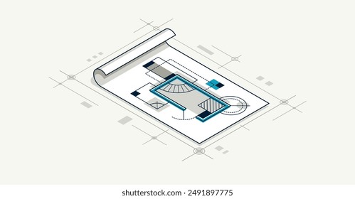 Engineering project concept, paper document blueprint engineer work vector 3D isometric illustration, abstract draft drawing, cad technical plan.