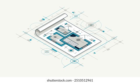 Conceito de projeto de engenharia, documento em papel projeto de engenharia trabalho vetor 3D ilustração isométrica, desenho de esboço abstrato, plano técnico cad.