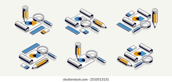 Projeto de engenharia conceito, documento de papel plano com lápis trabalho vetor trabalho ilustração isométrica 3D, desenho plano abstrato, ícone de esquema cad.