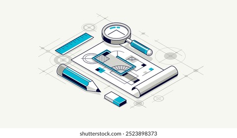 Conceito de projeto de engenharia, documento em papel projeto de engenharia trabalho vetor 3D ilustração isométrica, desenho de esboço abstrato, plano técnico cad.