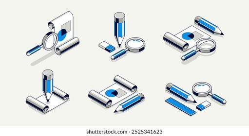 Projeto de engenharia conceito, documento de papel plano com lápis trabalho vetor trabalho ilustração isométrica 3D, desenho plano abstrato, ícone de esquema cad.