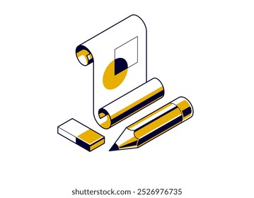 Projeto de engenharia conceito, documento de papel plano com lápis trabalho vetor trabalho ilustração isométrica 3D, desenho plano abstrato, ícone de esquema cad.