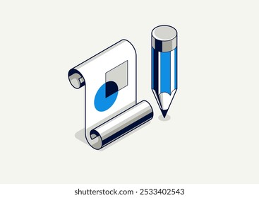 Projeto de engenharia conceito, documento de papel plano com lápis trabalho vetor trabalho ilustração isométrica 3D, desenho plano abstrato, ícone de esquema cad.