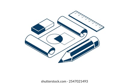 Projeto de engenharia conceito, documento de papel plano com lápis trabalho vetor trabalho ilustração isométrica 3D, desenho plano abstrato, ícone de esquema cad.