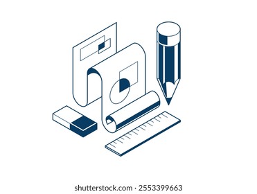 Engineering project concept, paper document blueprint with pencil engineer work job vector 3D isometric illustration, abstract plan drawing, cad scheme icon.