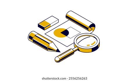 Engineering project concept, paper document blueprint with pencil engineer work job vector 3D isometric illustration, abstract plan drawing, cad scheme icon.