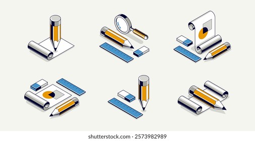 Engineering project concept, paper document blueprint with pencil engineer work job vector 3D isometric illustration, abstract plan drawing, cad scheme icon.