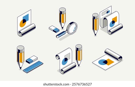 Engineering project concept, paper document blueprint with pencil engineer work job vector 3D isometric illustration, abstract plan drawing, cad scheme icon.