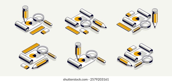 Engineering project concept, paper document blueprint with pencil engineer work job vector 3D isometric illustration, abstract plan drawing, cad scheme icon.