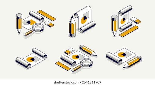 Engineering project concept, paper document blueprint with pencil engineer work job vector 3D isometric illustration, abstract plan drawing, cad scheme icon.