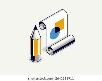 Engineering project concept, paper document blueprint with pencil engineer work job vector 3D isometric illustration, abstract plan drawing, cad scheme icon.