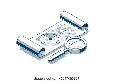 Conceito de projeto de engenharia, documento em papel projeto de engenharia trabalho vetor 3D ilustração isométrica, desenho de esboço abstrato, plano técnico cad.