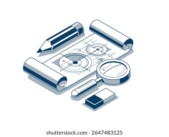 Conceito de projeto de engenharia, documento em papel projeto de engenharia trabalho vetor 3D ilustração isométrica, desenho de esboço abstrato, plano técnico cad.