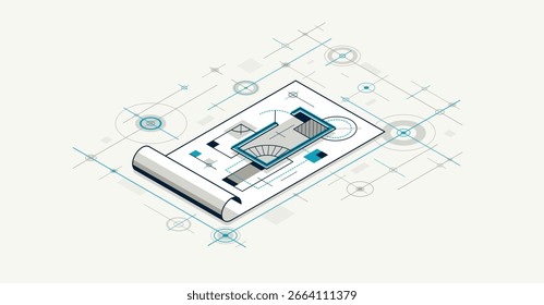 Conceito de projeto de engenharia, documento em papel projeto de engenharia trabalho vetor 3D ilustração isométrica, desenho de esboço abstrato, plano técnico cad.
