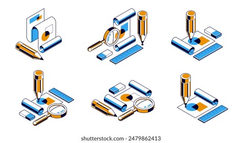 Engineering project concept set, paper document blueprint with pencil engineer work job vector 3D isometric illustration, abstract plan drawing, cad scheme icon.