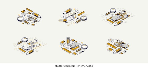 Engineering project concept set, paper document blueprint engineer work vector 3D isometric illustration, abstract draft drawing, cad technical plan.