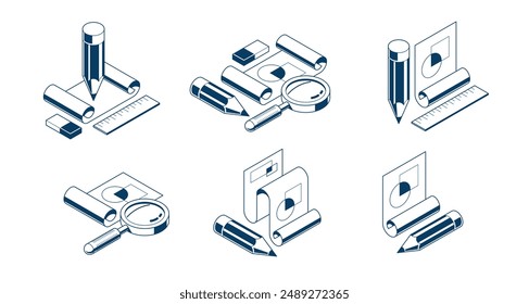 Engineering project concept set, paper document blueprint with pencil engineer work job vector 3D isometric illustration, abstract plan drawing, cad scheme icon.