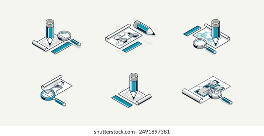 Engineering project concept set, paper document blueprint engineer work vector 3D isometric illustration, abstract draft drawing, cad technical plan.