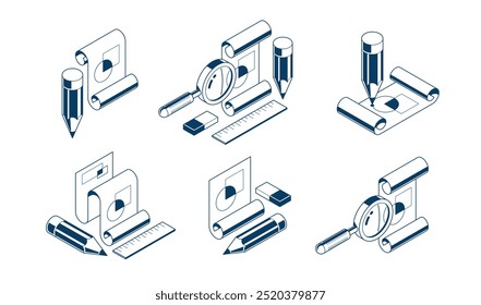 Conjunto de conceito de projeto de engenharia, documento de papel plano com lápis trabalho trabalho vetor 3D ilustração isométrica, desenho plano abstrato, ícone de esquema cad.