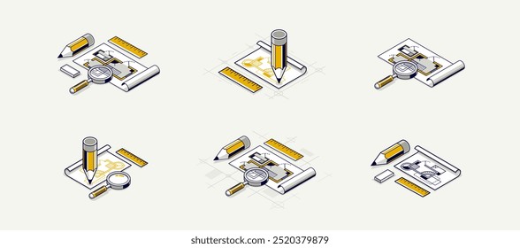 Conjunto de conceito de projeto de engenharia, documento de papel projeto de engenharia trabalho vetor 3D ilustração isométrica, desenho de esboço abstrato, plano técnico cad.