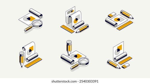 Conjunto de conceito de projeto de engenharia, documento de papel plano com lápis trabalho trabalho vetor 3D ilustração isométrica, desenho plano abstrato, ícone de esquema cad.