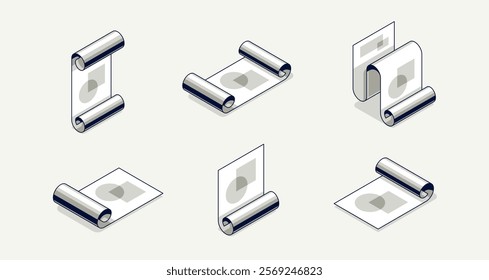 Engineering project concept set, paper document blueprint engineer work job vector 3D isometric illustration, abstract plan drawing, cad scheme icon.