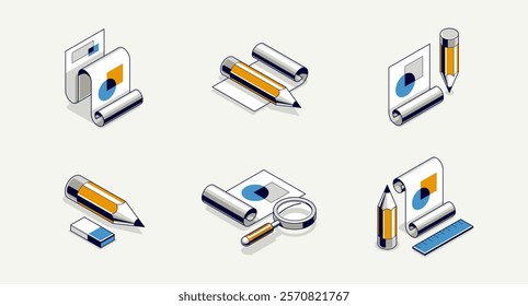 Engineering project concept set, paper document blueprint with pencil engineer work job vector 3D isometric illustration, abstract plan drawing, cad scheme icon.