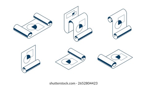 Conjunto de conceito de projeto de engenharia, documento de papel blueprint engenheiro trabalho vetor 3D ilustração isométrica, desenho plano abstrato, ícone de esquema cad.