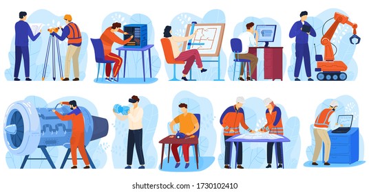 Engineering project construction, engineers workers, architect and surveyor in industrial building people at work isolated collection vector illustrations. Technology engineering projects.