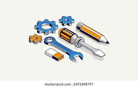 Engineering project in embodiment implementation concept, engine work progress, gears and cogs with pencil and tools, 3D isometric vector illustration.