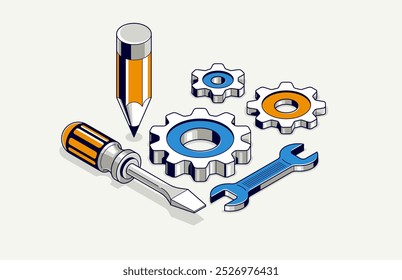 Projeto de engenharia em conceito de implementação de incorporação, progresso do trabalho do motor, engrenagens e engrenagens com lápis e ferramentas, ilustração vetorial isométrica 3D.