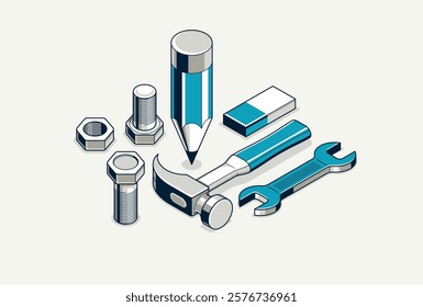 Engineering project in embodiment implementation concept, engine work progress, gears and cogs with pencil and tools, 3D isometric vector illustration.