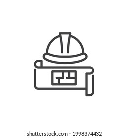 Engineering project line icon. linear style sign for mobile concept and web design. Hard hat and blueprint plan outline vector icon. Symbol, logo illustration. Vector graphics