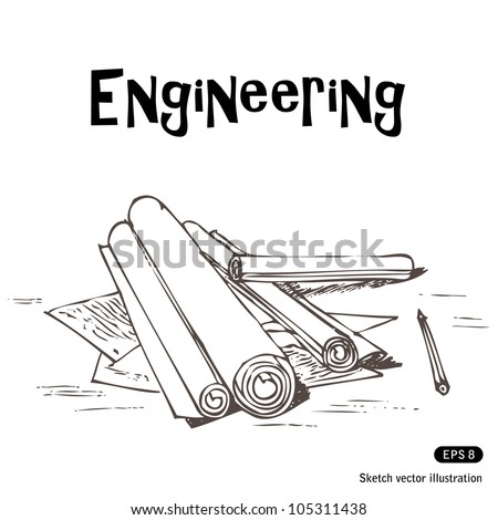 Engineering projects. Hand drawn sketch illustration isolated on white background